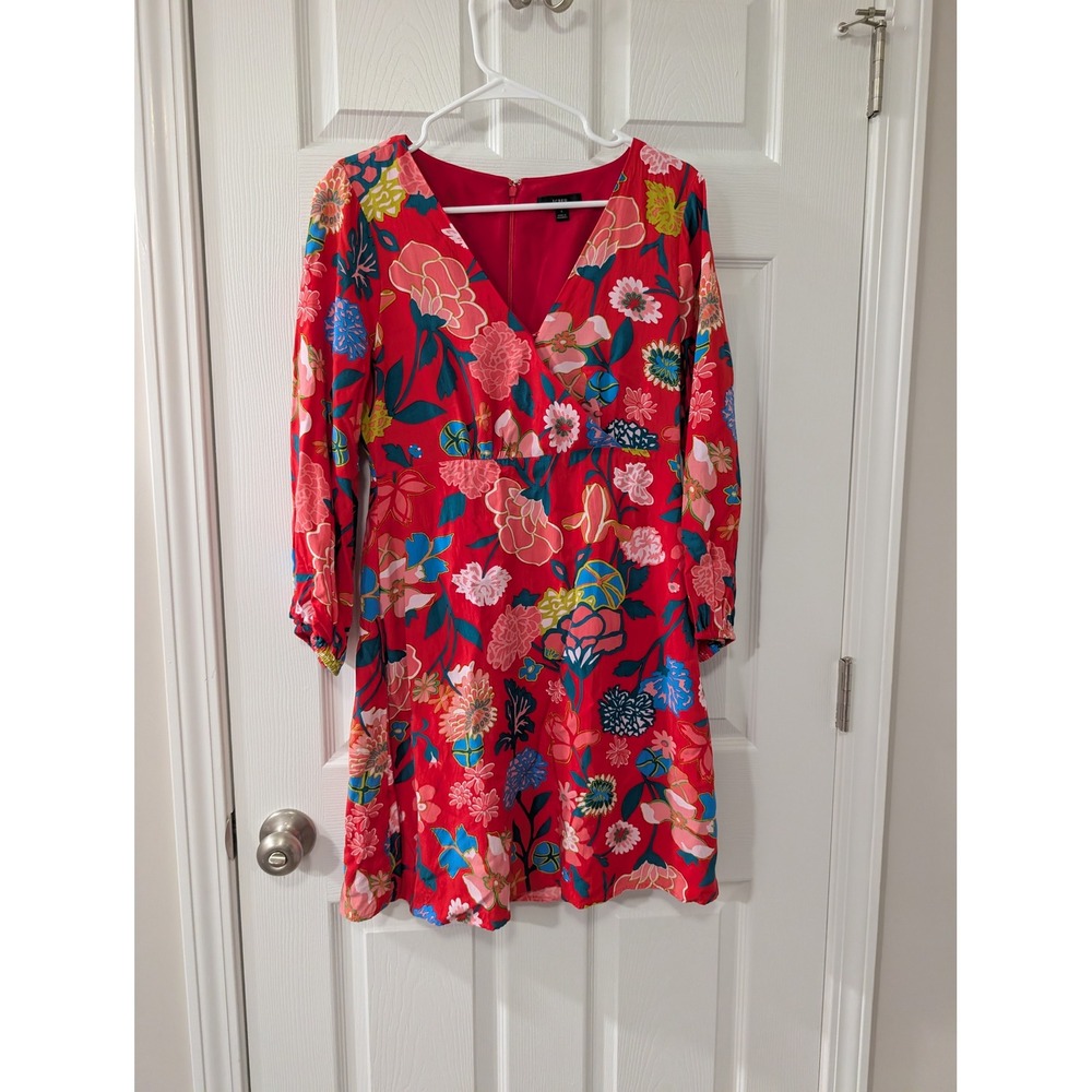 J. Crew, Wmns 4, V-Neck Floral Mini Dress, Long Sleeve, Red, Whimsy, Lightweight